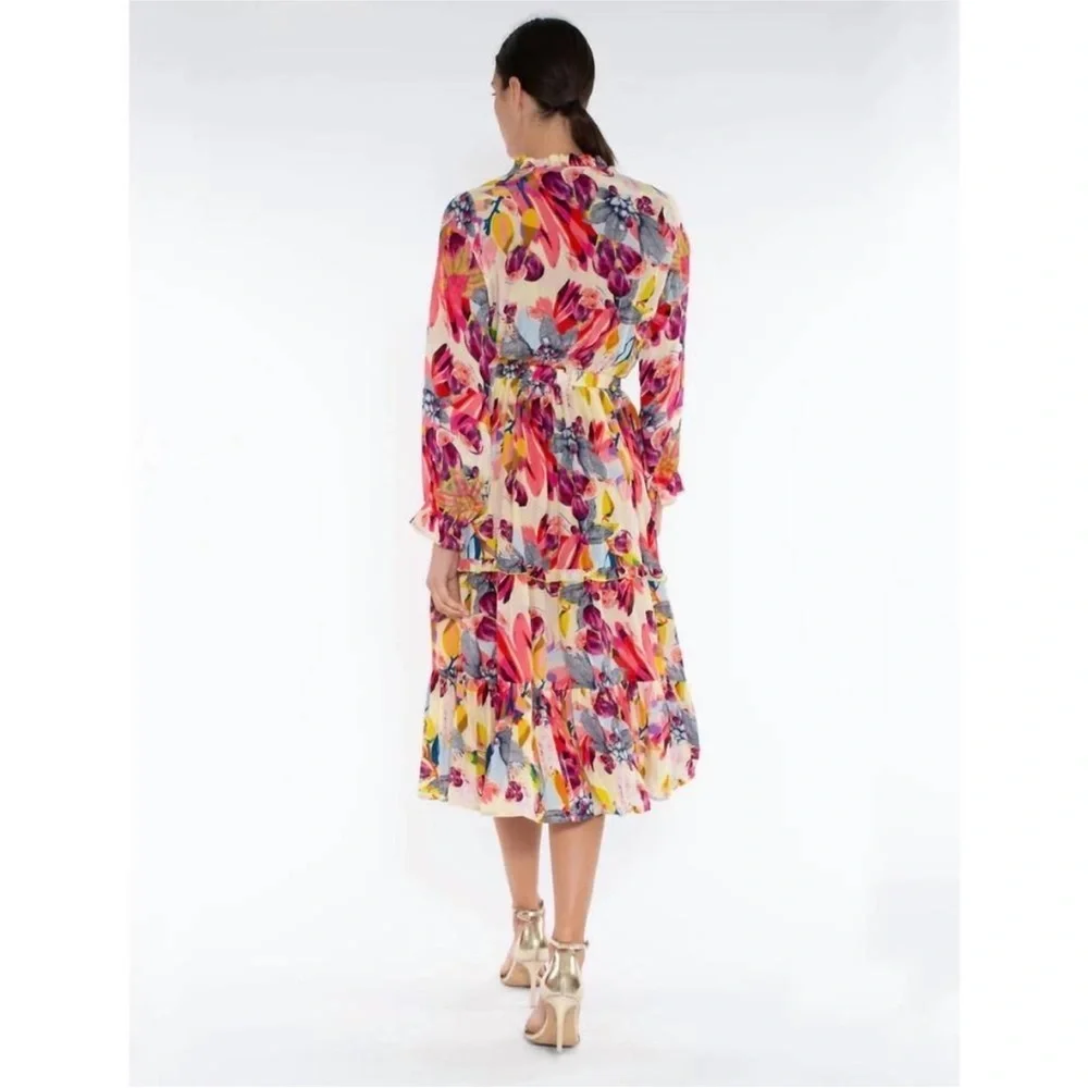 TAJ by Sabrina Crippa Baxeda Dress Fig & Florals Embroidered‎ Tiered Sz Medium - Picture 3 of 11